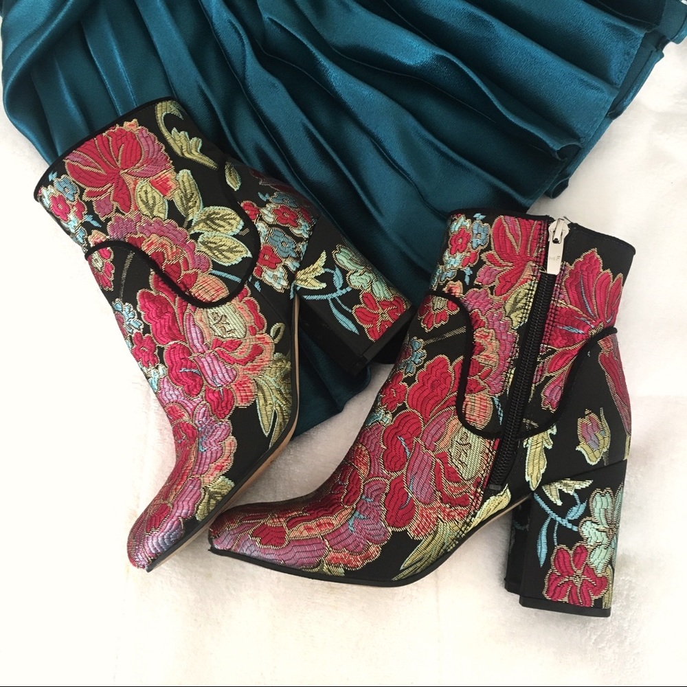 Marc Fisher Black Floral Embroidered Ankle Booties